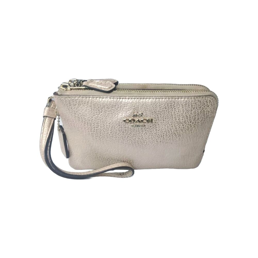 COACH Double Corner Zip Wristlet In Pebble Leather~Light Gold/platinum MSRP $85